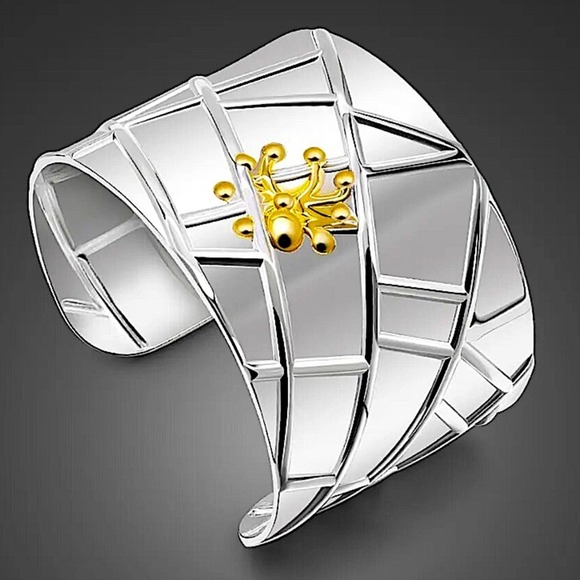 Sterling Silver Wide Bangle Gold Spider Two Tone Bangle Luxury Bracelet - Picture 10 of 12